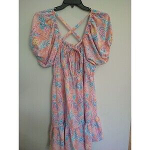 Simply Southern Tropical Print Puff Sleeve Dress Size XL Knee Length Boho